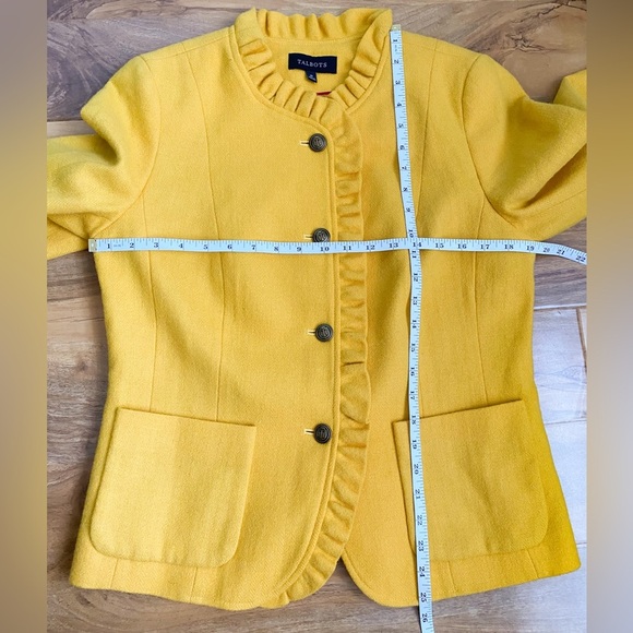 Talbots Yellow Wool Blazer Jacket Ruffle Career Vibrant Preppy Retro Modest 10 - Picture 11 of 12